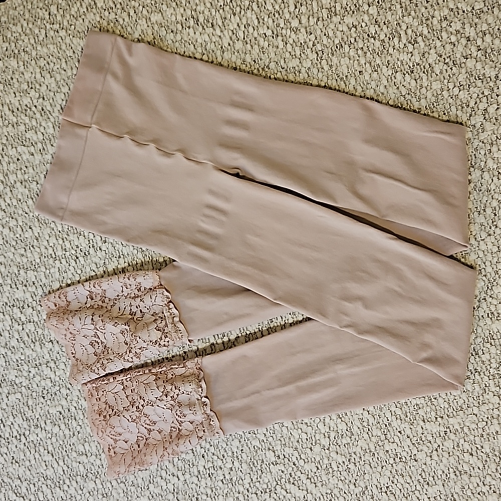 HUE Tights Footless Lace Cuffs Blush Pink Mauve Dusty Rose Tites Sz XS / S